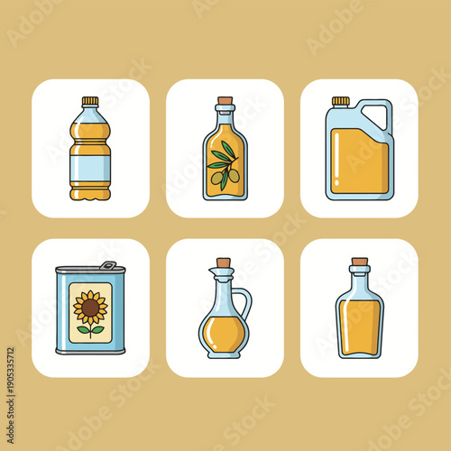 Vegetable oil and olive oil glass bottle collection for cooking ingredient and healthy Mediterranean diet food menu design flat illustration