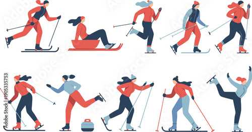 Set of women performing winter sports activities including skiing, skating, and sledding, outdoor fitness and recreation concept, active lifestyle, cold season workout, modern flat vector illustration