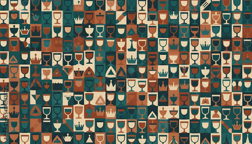 Abstract Mosaic of Vintage Chalice and Crown Symbols in Earthy Tones, Creating a Repetitive Decorative Pattern