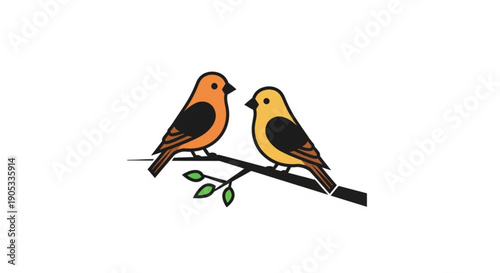 Two colorful birds perched on a branch with green leaves facing each other in a cute illustration