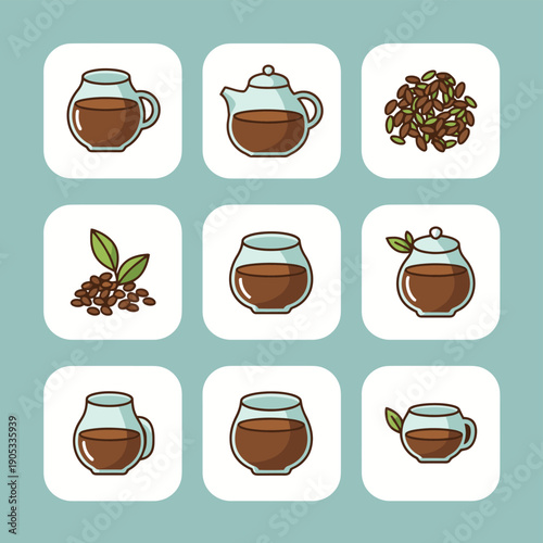 Black tea and coffee bean vector icons set including glass pots cups and roasted beans for morning beverage and traditional tea time relaxation symbols