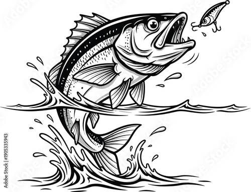 A detailed black and white illustration of a bass fish leaping out of the splashing water
