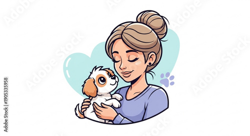 Woman embracing guinea pig with affection gentle illustration of love and care for pets soft colors and heart background