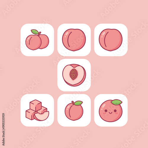 Sweet peach fruit vector illustrations set whole halves and cute character with sugar cubes for organic summer diet and healthy nutrition icons