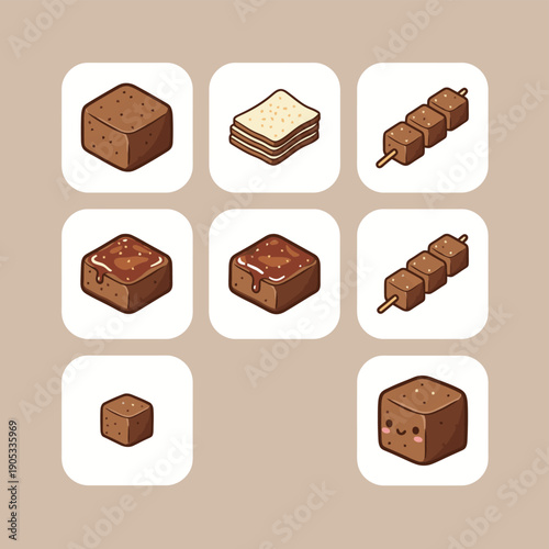 Dried tofu or bean curd vector illustrations set including cubes slices and skewers for vegetarian protein and traditional asian cooking ingredient icons