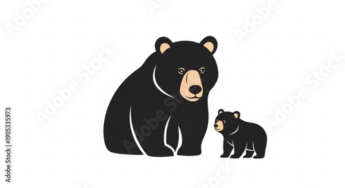 Mother bear and cub illustration black bears with tan accents simple design white background minimalistic style wildlife concept