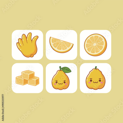 Buddha hand citron fruit vector illustrations set exotic citrus whole sliced halves and cute character for healthy organic diet and medicine icons