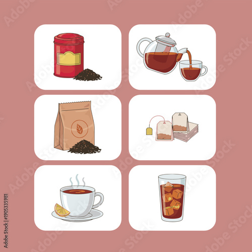 Black tea preparation vector icons set including red tea tin glass pot with pouring tea bags and iced tea for traditional beverage ceremony