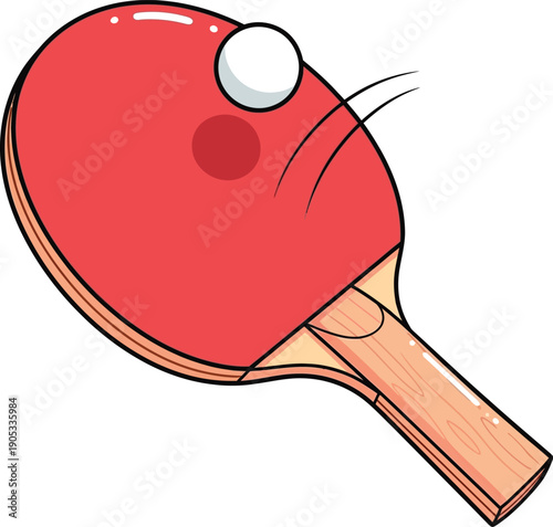 A red table tennis paddle hitting a white ping pong ball in a cartoon illustration style.