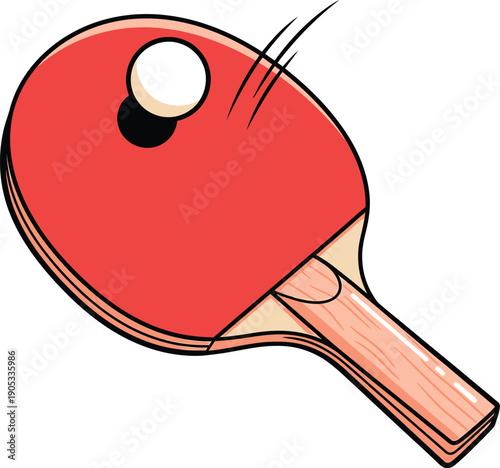 Red table tennis paddle and white ping pong ball with motion lines on a white background.