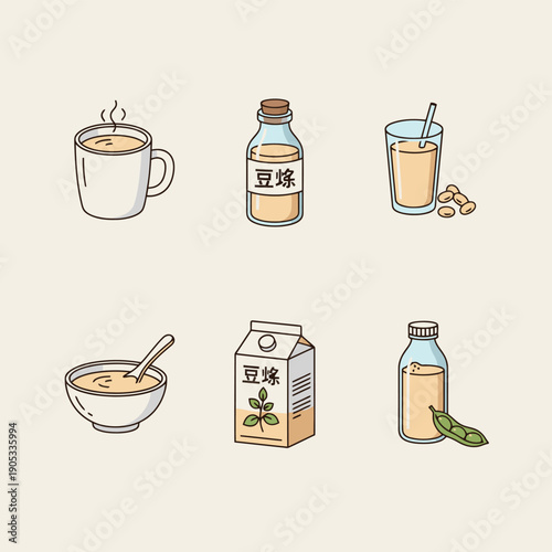 Soy milk icons set with glass bottle mug and bowl of fresh organic soybean drink healthy breakfast protein beverage flat vector illustration on light background