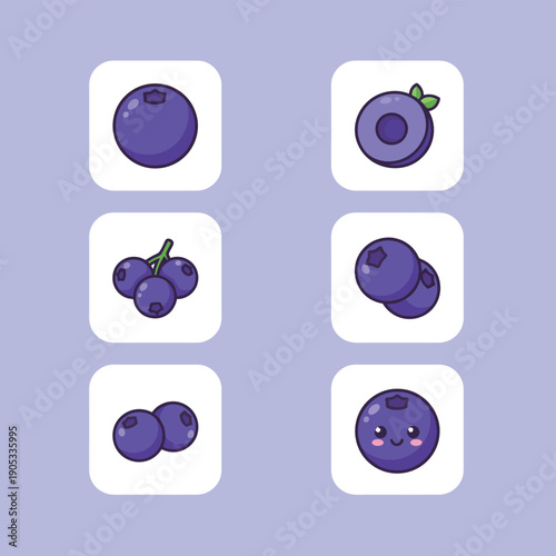 Blueberry fruit icons set with whole berries sliced blueberry and cute character mascot for organic food packaging healthy snack and forest berry concept