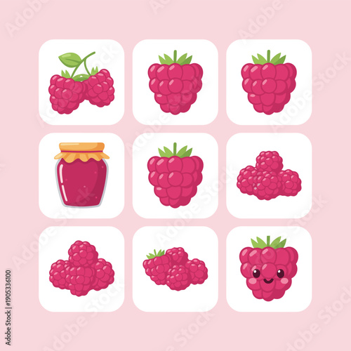 Raspberry fruit icons set with whole berries jam jar and cute character mascot for organic food packaging healthy snack and forest berry concept