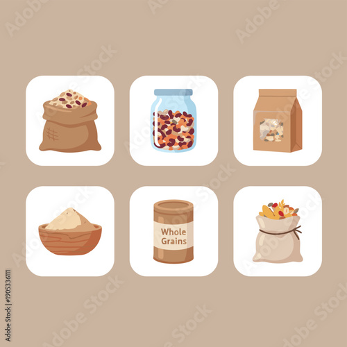 Whole grains and legumes icons set with sacks glass jar and paper bag for organic grocery store bulk food and healthy grain storage concept