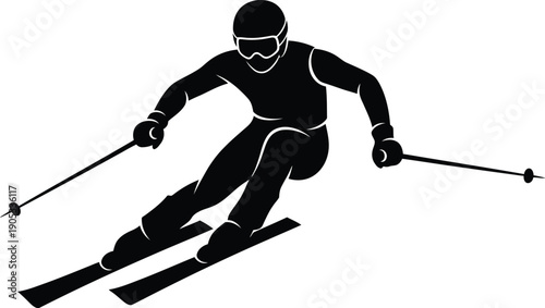 Black silhouette of a professional downhill skier in action on a plain white background.
