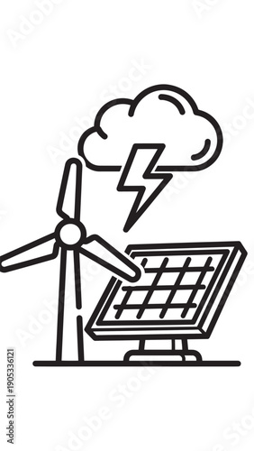 Wind Turbine and Solar Panel Installation Demonstrating Renewable Energy Generation Under Cloudy Sky.