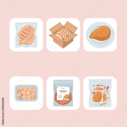Chicken breast product icons set with raw meat packaging grilled fillet and smoked chicken for grocery store and healthy protein food design