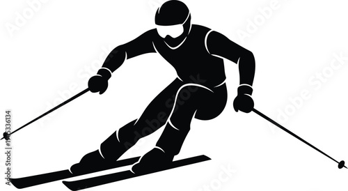 Black silhouette of a downhill skier in action against a plain white background