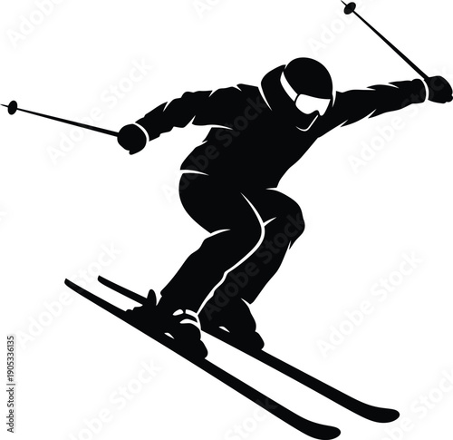 A black and white silhouette of a professional skier in motion descending a snowy slope.