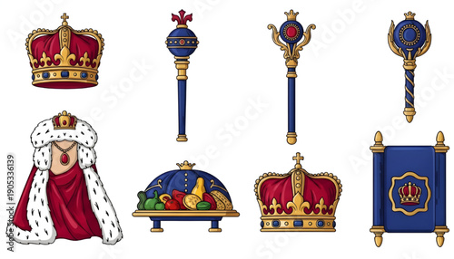 A detailed collection of regal symbols and monarchical emblems representing power and heritage