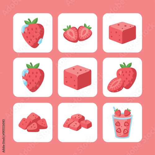 Frozen strawberry icons set with whole berries sliced parts cubes and strawberry smoothie for food preservation and cold dessert ingredient concept