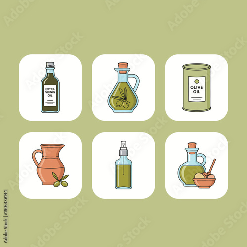 Extra virgin olive oil in glass bottles metal can and ceramic jug flat vector illustration set for healthy cooking and Mediterranean diet icons