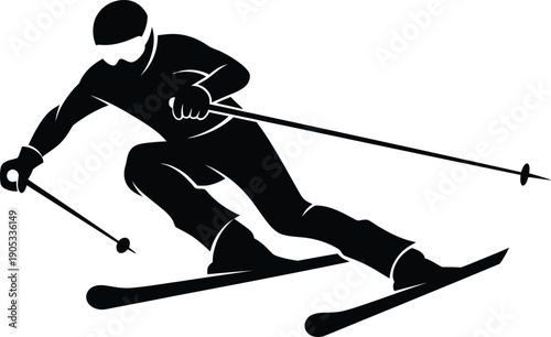 A minimalist black and white silhouette of a skier in motion downhill on a white background