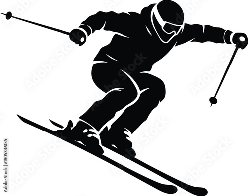 Silhouette of a downhill skier in action with poles and goggles on a white background