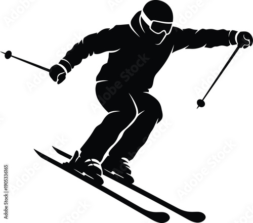 A black silhouette of a person skiing downhill with poles and goggles on a white background