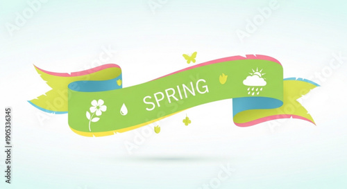 Vibrant spring banner with flowers rain and sunshine on colorful ribbon symbolizing seasonal change and renewal