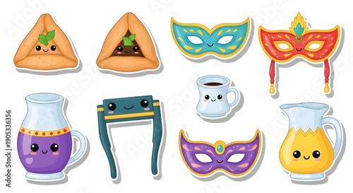 Whimsical Stickers Purim Treats, Festive Masquerade Masks, and Adorable Drinks for Holiday Celebrations