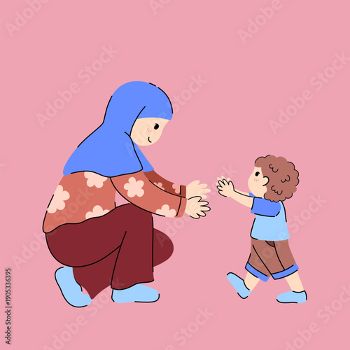 Vector of a Proud Muslim Mother Smiling as Her Baby Takes First Steps Illustration for Mother’s Day Design