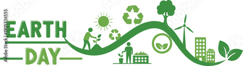 A green graphic illustration celebrating Earth Day with eco-friendly symbols and icons.