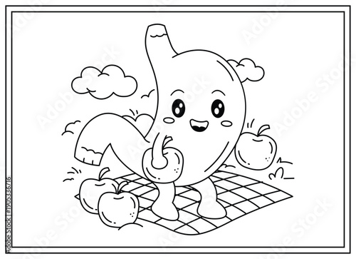 A cheerful, anthropomorphic stomach character with a smiling face and arms, sitting on a checkered picnic blanket surrounded by apples. Human body parts coloring book for kids and children.