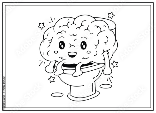 A whimsical illustration of a smiling cartoon brain character seated on a toilet, with a playful and humorous expression. Human body parts coloring book for kids and children illustration.