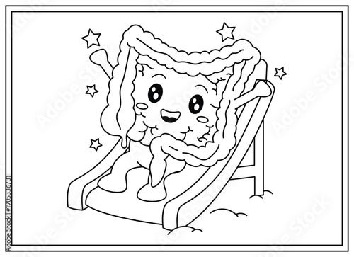 A black and white line drawing of a happy, anthropomorphic intestine character with arms and legs, joyfully sliding down a playground slide, surrounded by stars. Human body parts coloring book for kid