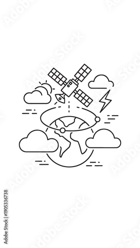 Global Earth with Satellites and Clouds Illustrating Environmental Technology and Space Connectivity.