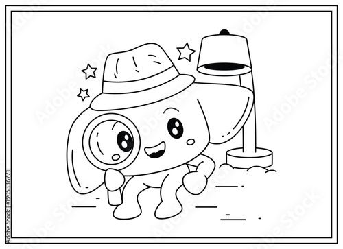 A charming cartoon liver dressed as a detective, holding a magnifying glass and wearing a fedora hat, ready for investigation. Human body parts coloring book for kids and children illustration.