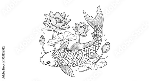 Elegant Koi Fish Swimming Among Lotus Flowers Line Art.