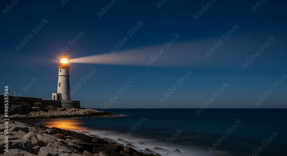 Fototapeta premium Night lighthouse on the beach