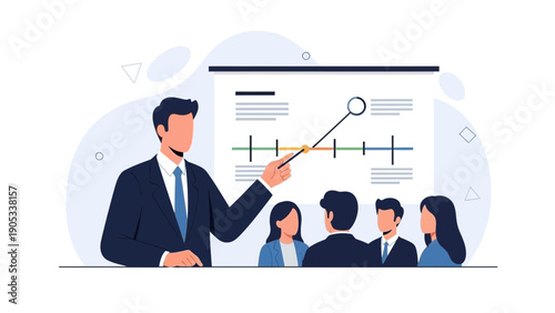 Business meeting presentation with chart on whiteboard and diverse team