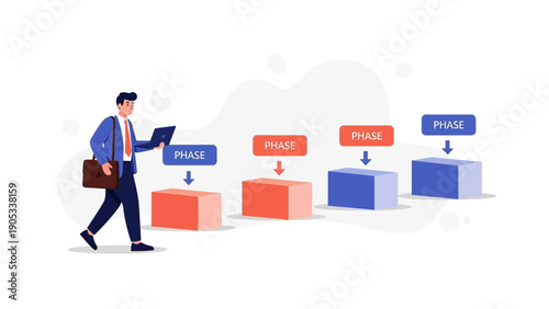 Business Man Walking Through Project Phases with Laptop and Briefcase