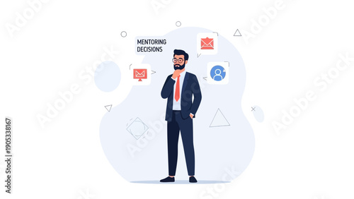 Business man thinking about mentoring decisions and communication options
