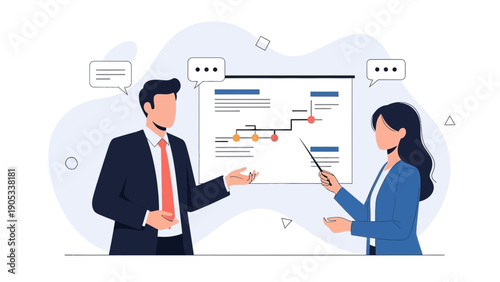 Business meeting: man and woman presenting project plan on whiteboard