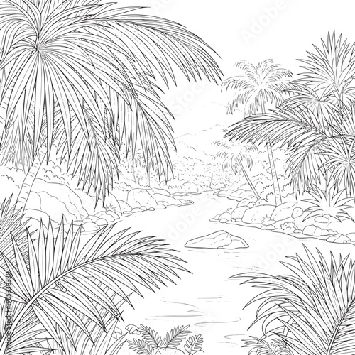 Monochrome tropical river scene with palm trees and rocks.
