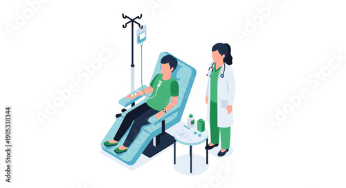 Patient receiving IV infusion from a doctor in a medical setting.