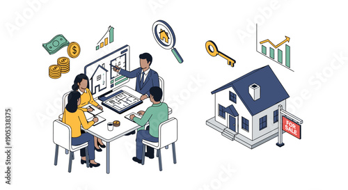 Real Estate Agent Discussing Property with Clients, Isometric Illustration.