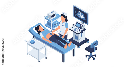 Pregnant woman undergoing ultrasound examination by a medical professional.