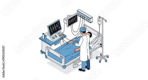 Doctor monitoring patient in hospital bed with medical equipment.