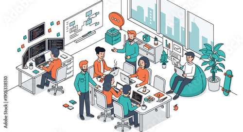 Diverse team collaborating in a modern office environment.